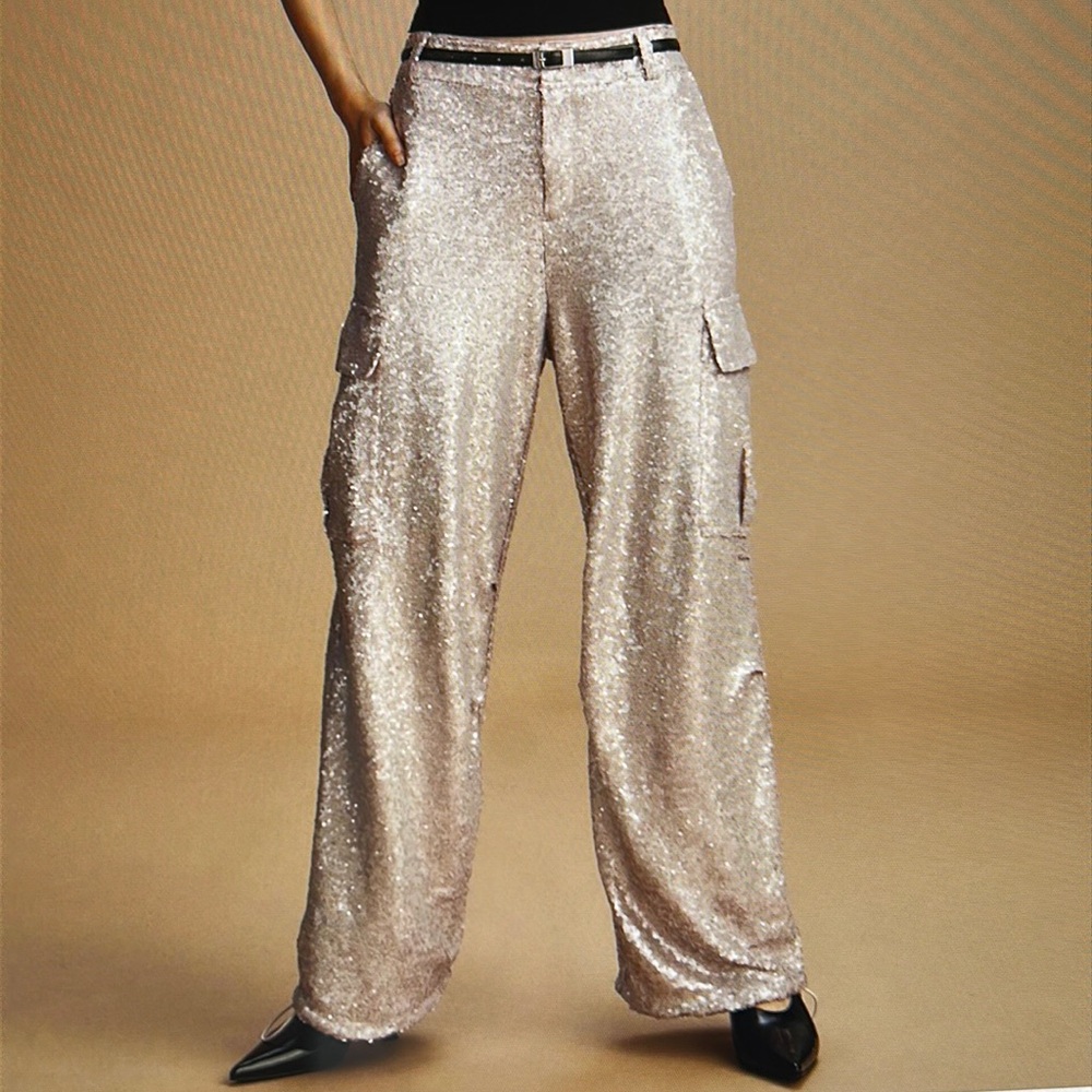 Anthropologie Champagne Sequin Wide-Leg Cargo Trousers